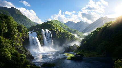 Breathtaking Waterfall Cascading Down a Rugged Mountainside with Mist Rising and Sunlight Reflecting off the Powerful Rushing Water   A Stunning Natural Spectacle