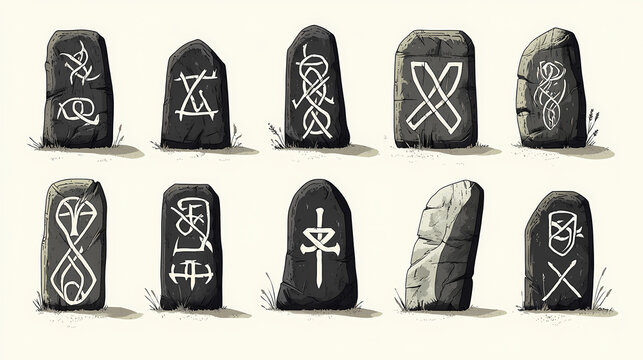 Ancient runes iconography: enigmatic traditional runestone symbols. Viking Rune Stones. Illustration