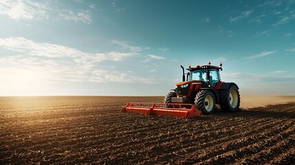 Obraz premium Futuristic tractor plowing a vast agricultural field against a backdrop of a clear blue sky showcasing modern farming machinery and technology in a scenic rural landscape