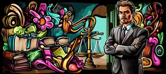 Obraz premium A confident figure stands amidst colorful legal and educational symbols.
