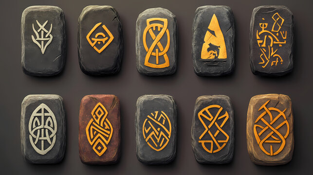 Ancient runes iconography: enigmatic traditional runestone symbols. Viking Rune Stones. Illustration