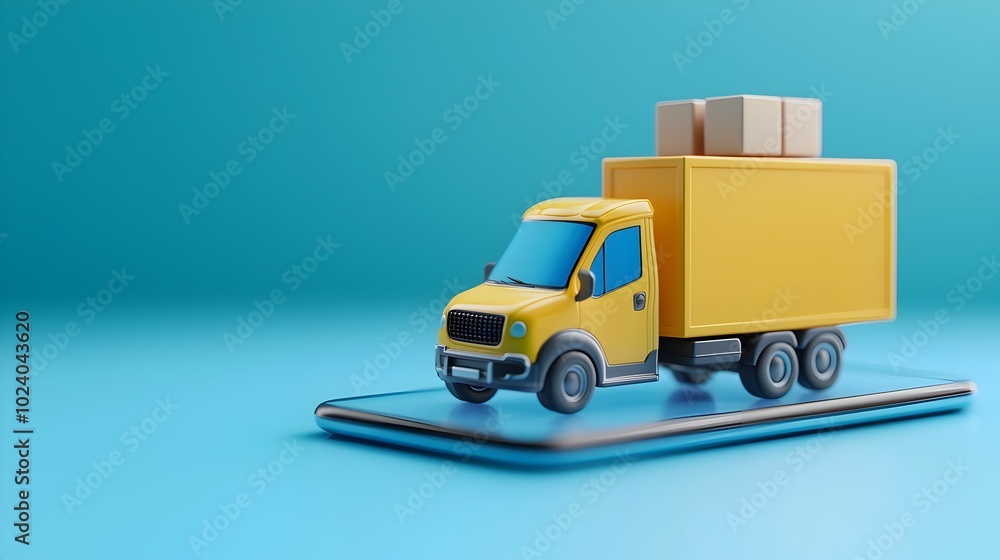 Poster a futuristic mobile app interface displaying real time order tracking featuring a delivery truck ico