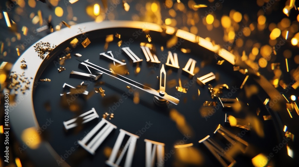 Poster a close-up of a clock surrounded by golden particles, symbolizing the passage of time.