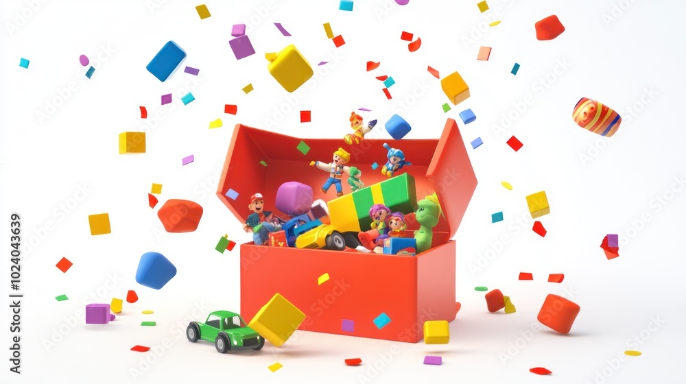 Poster a colorful toy box overflowing with various toys and building blocks.