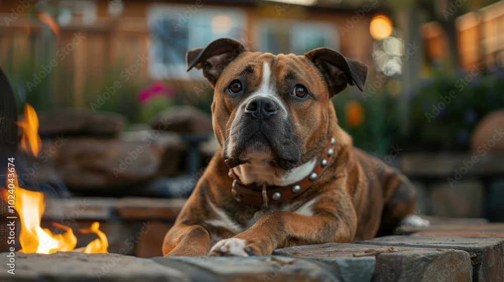 Wall mural A dog sits by a fire pit, looking at the camera. AI.