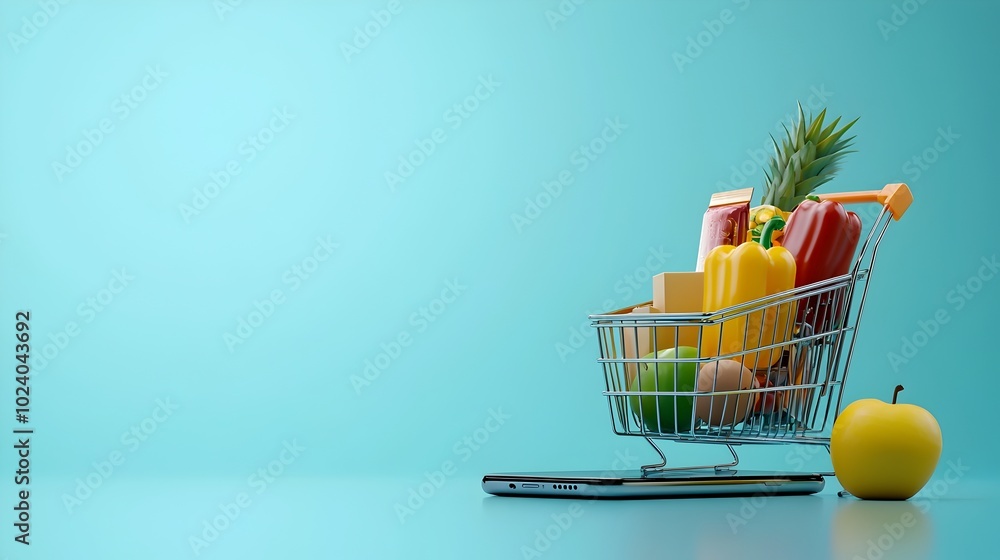 Poster digital shopping cart filled with items displayed on a smartphone screen symbolizing the convenience