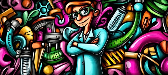 A colorful illustration of a scientist surrounded by lab equipment, showcasing creativity in science.