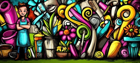 A colorful garden scene with a person among various gardening tools and plants.