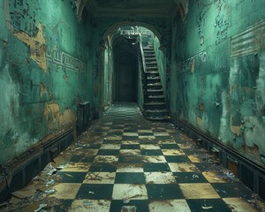 Abandoned corridor with worn tiles and peeling walls