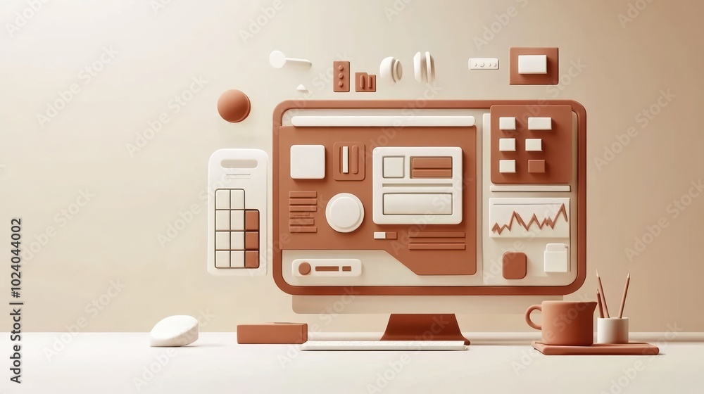 Aufkleber a minimalist computer setup with accessories in a warm color palette.