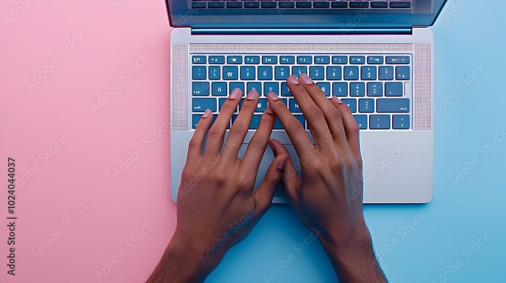 Poster top view of hands typing on a laptop with multiple open browser tabs for an online shopping experien