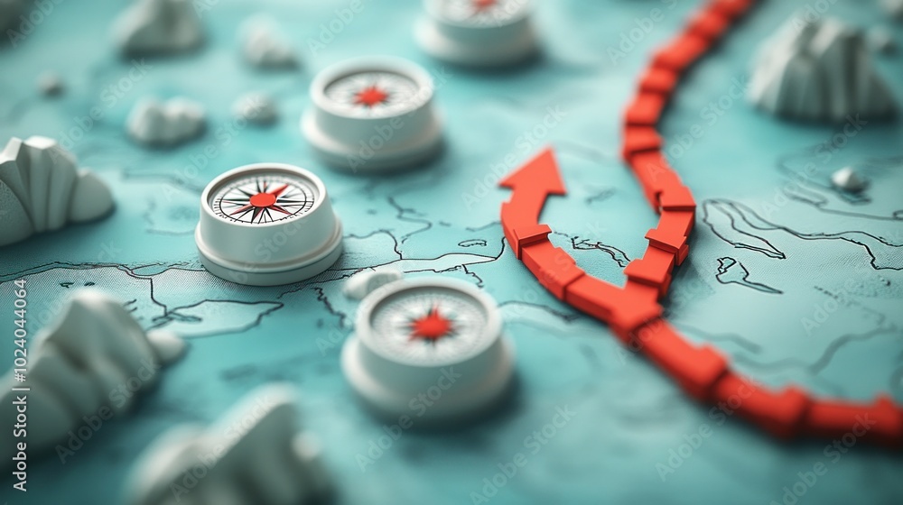 Poster a detailed map featuring compasses and a red directional path.