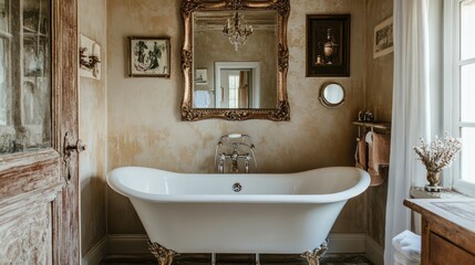 Vintage-inspired luxury bathroom, featuring clawfoot bathtubs, ornate fixtures, 