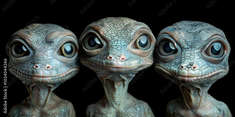 Canvas Prints Three lizards with large eyes and a friendly expression. AI.