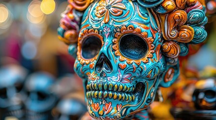 Fototapeta premium A vibrant sugar skull adorned with colorful patterns, symbolizing the Day of the Dead celebration in Mexico.