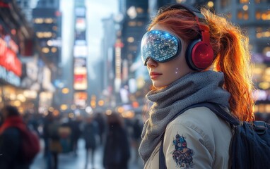 Obraz premium Digital allure: girl in a holographic mask, mix of traditional, futuristic clothing, vibrant technologically saturated city background, showcasing fusion of pop surrealism, cyberpunk fashion styles.