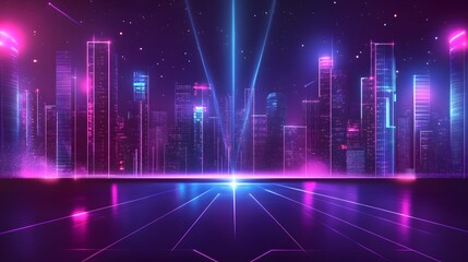 Fototapeta premium Background of empty show scene. Empty dark modern abstract neon background. Glow of neon lights on an empty stage, diodes, rays and lines. Lights of the night city. 