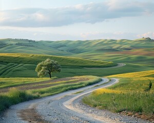 Naklejka premium A winding dirt road leads through a rolling green landscape. AI.