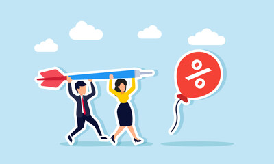 A businessman and businesswoman collaborate to lift an arrow towards a discount balloon, illustrating teamwork in targeting and hunting for price promotions