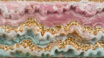 Exquisite gold-inlaid jade carving with pink and blue waves and golden lines
