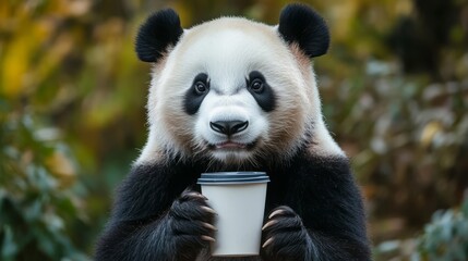 Obraz premium A panda bear holding a coffee cup