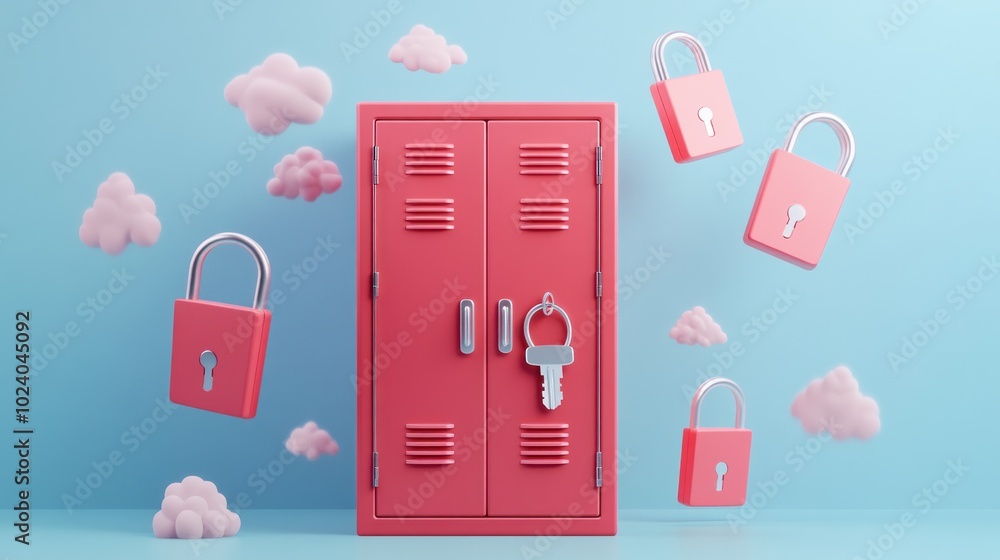 Poster a pink locker surrounded by floating locks and clouds, symbolizing security and privacy.