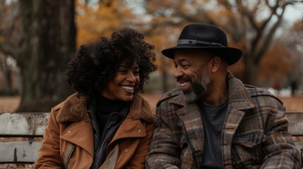 Obraz premium A couple smiles at each other while sitting on a bench. AI.