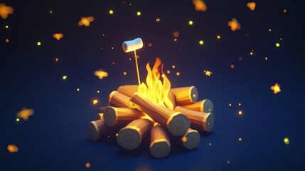 Naklejka premium A vibrant campfire scene with logs and a marshmallow on a stick, evoking a cozy atmosphere.