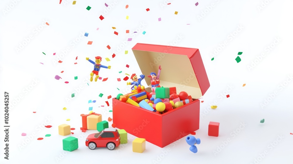 Poster a colorful toy box overflowing with various playful items and confetti.