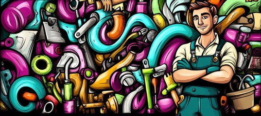 Obraz premium A colorful array of tools and plumbing supplies with a confident worker in overalls.