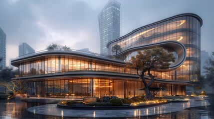 Modern Architectural Design in Foggy Urban Landscape