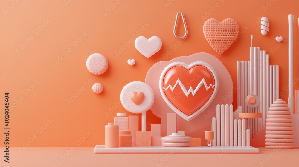 Wall mural A vibrant 3D composition featuring hearts and health symbols against an orange backdrop.