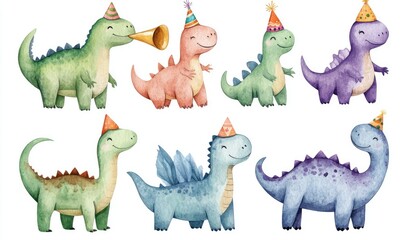 Cute Watercolor Dinosaurs with Party Hats