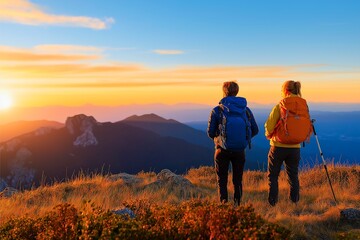 Two hikers stand on a mountainside, gazing at a stunning sunset with a view of sprawling hills, their colorful gear contrasting with the golden hues of the landscape.