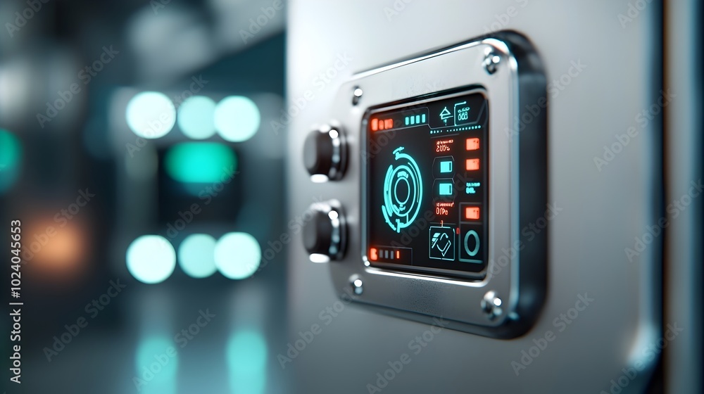 Poster sleek modern smart home automation control panel mounted on a wall showcasing various features like 