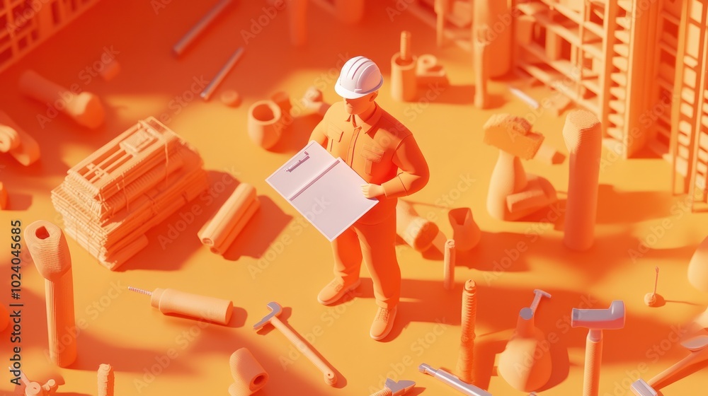 Poster a construction worker examines plans amidst a vibrant array of tools in an orange workspace.