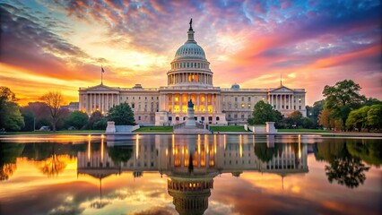 Fototapeta premium Iconic view of the United States Capitol building at sunrise with forced perspective
