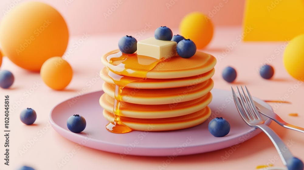 Sticker A stack of pancakes topped with butter and blueberries, drizzled with syrup.