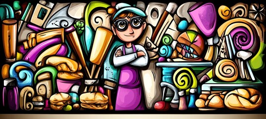A colorful bakery scene featuring a cheerful baker surrounded by various baking tools and treats.