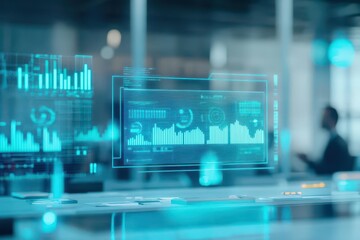 A futuristic boardroom with holographic charts and graphs floating in midair, businesspeople analyzing data, scifi style, neon blue and white lighting