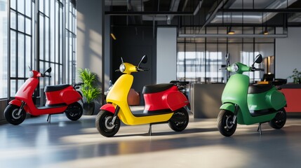 Colorful Electric Scooters in Modern Indoor Space