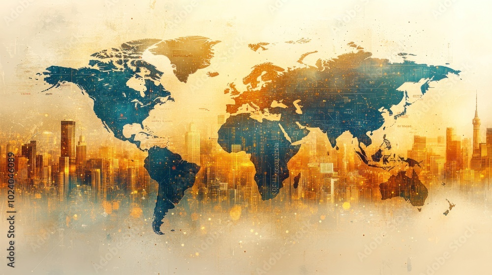 Poster a world map silhouette with a city skyline in the background. the map is in black and the city skyli