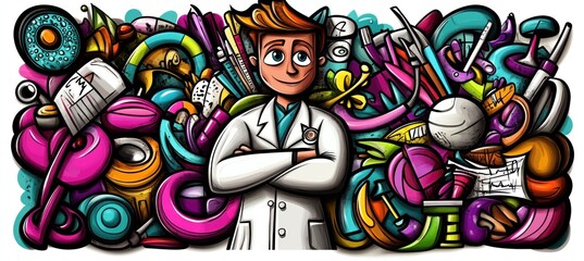Fototapeta premium A colorful illustration featuring a scientist surrounded by various scientific tools and elements.