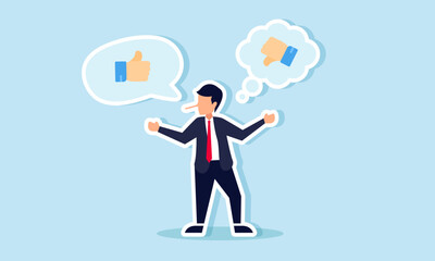 A businessman lies about giving a thumbs-up while actually thinking of a thumbs-down, illustrating dishonesty in expressing appreciation