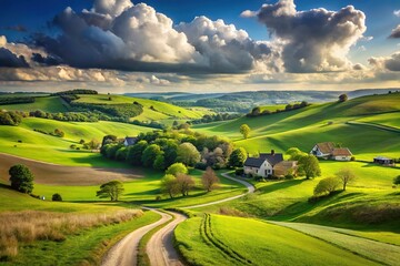 Fototapeta premium Idyllic countryside landscape with rolling hills, scattered houses, winding path, partly cloudy sky