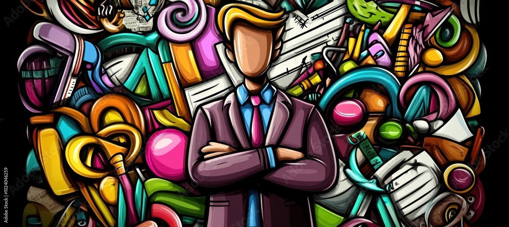 Poster a stylized figure stands confidently amidst a chaotic array of colorful objects and tools.