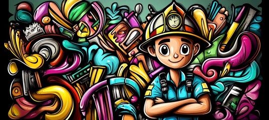 A cheerful firefighter stands amidst colorful, abstract shapes and tools.