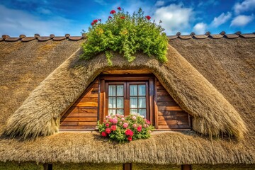 Idyllic thatched roof with decorations and a small window
