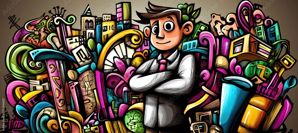 Poster A colorful, whimsical illustration featuring a confident character surrounded by vibrant city elements.