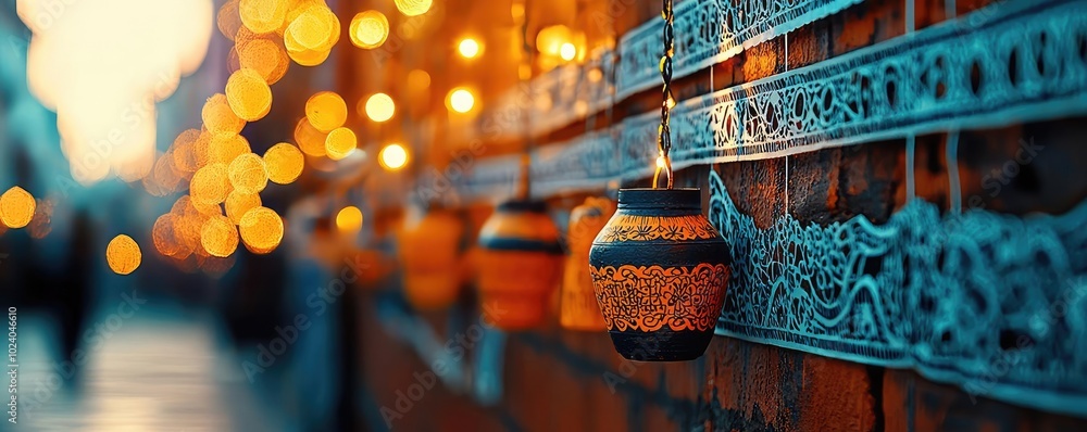 Poster colorful lanterns hang against a beautifully patterned wall, creating a warm and inviting evening am